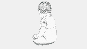 A black-and-white sketch of a toddler sitting upright effortlessly.
